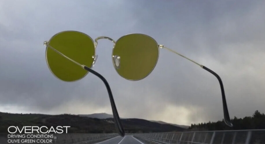 Sunglasses with olive green lenses. Text: OVERCAST, DRIVING CONDITIONS, OLIVE GREEN COLOR.