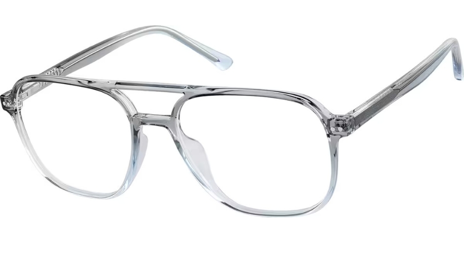 Clear aviator-style eyeglasses with transparent frames and thick arms.