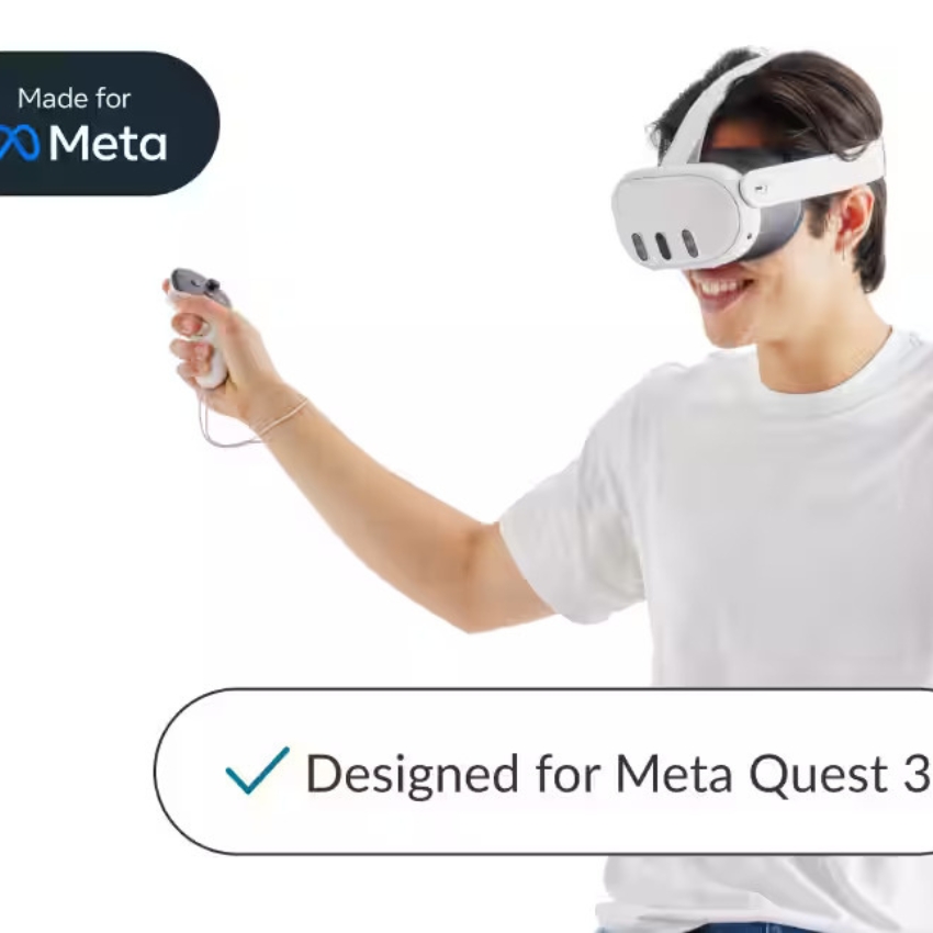 Man wearing Meta Quest VR headset and holding a controller. Text: "Made for Meta" and "Designed for Meta Quest 3".