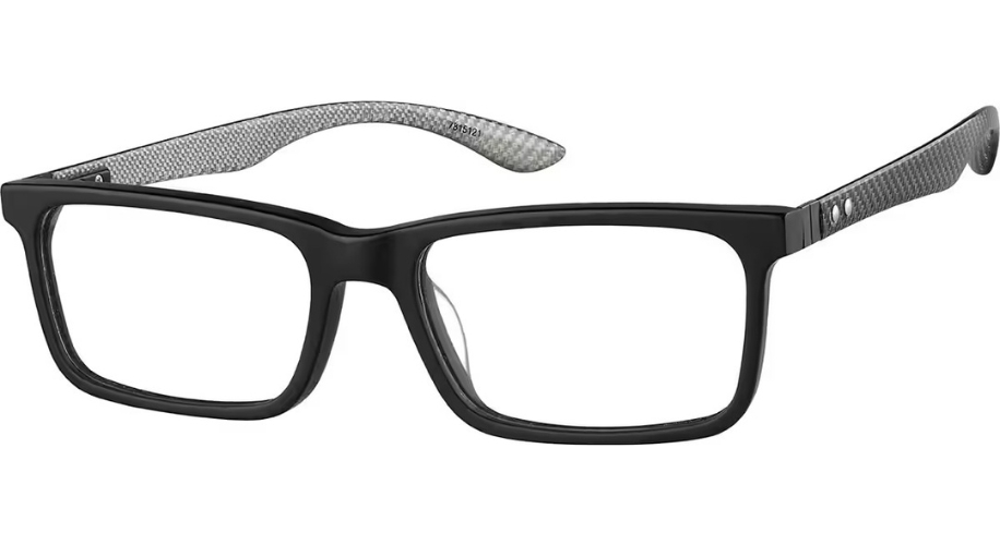 Black rectangular eyeglasses with textured gray arms and silver accents near the hinges.