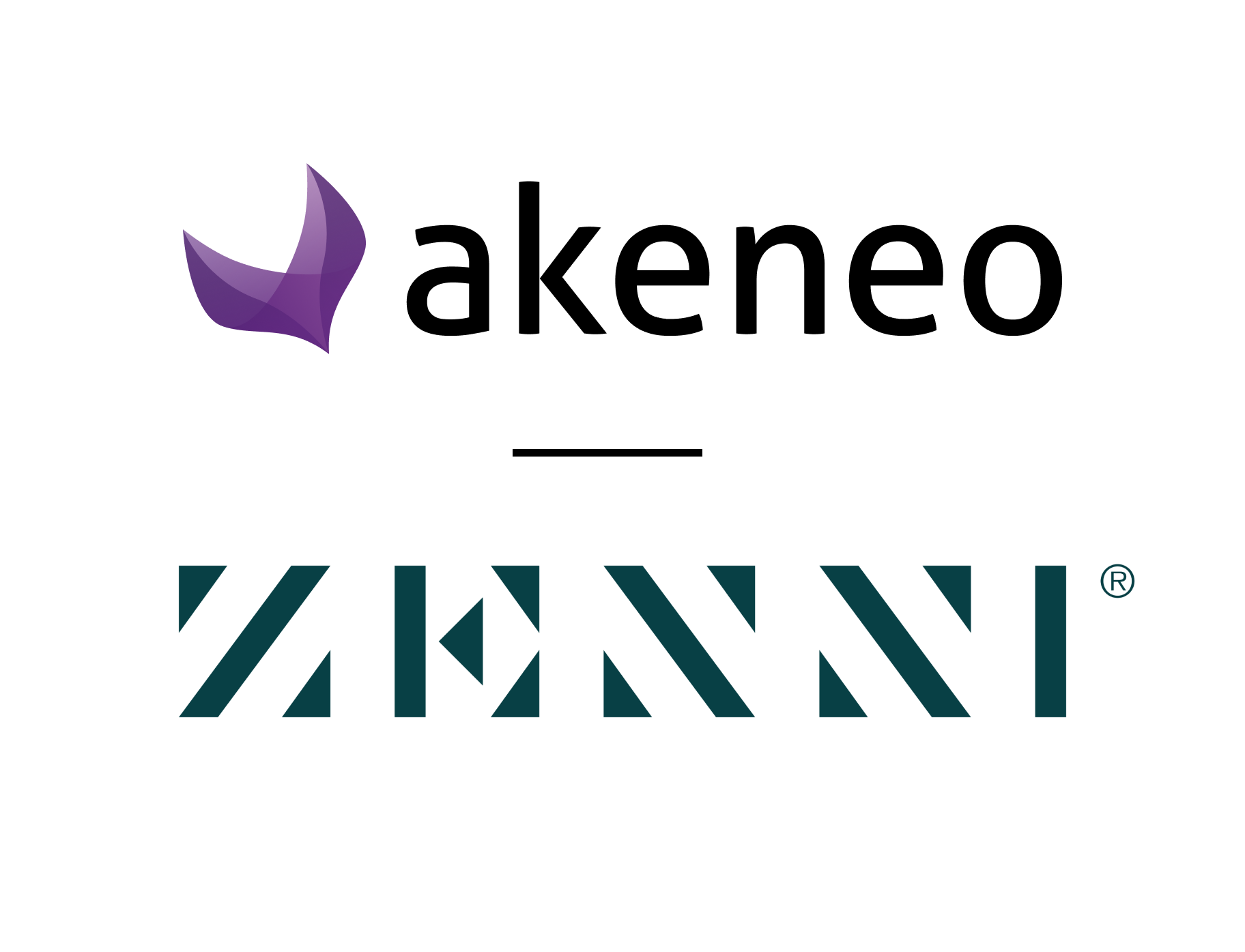 akeneo logo in black text with purple icon. Zenni logo in green geometric text below.