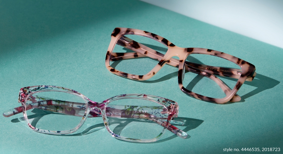 Two pairs of eyeglasses: one with pink tortoiseshell frame, the other with floral-patterned frame. Style no. 4446535, 2018723.