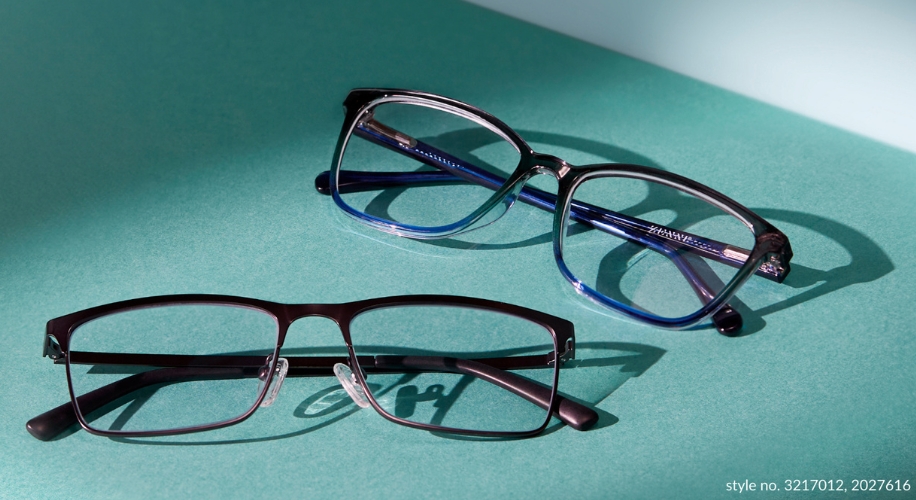 Two pairs of eyeglasses: one with a black frame and one with a blue frame. Text: style no. 3217012, 2027616.