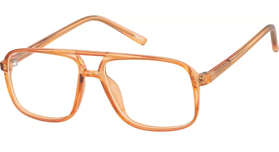 Translucent orange square-frame eyeglasses with a double bridge. Inside left arm marked &quot;23-25 15&quot;.