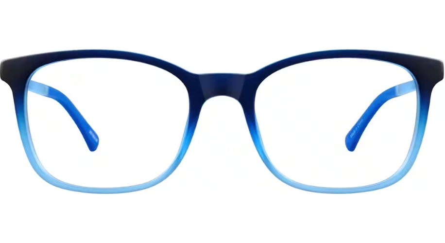 Blue gradient rectangular eyeglasses with clear lenses.
