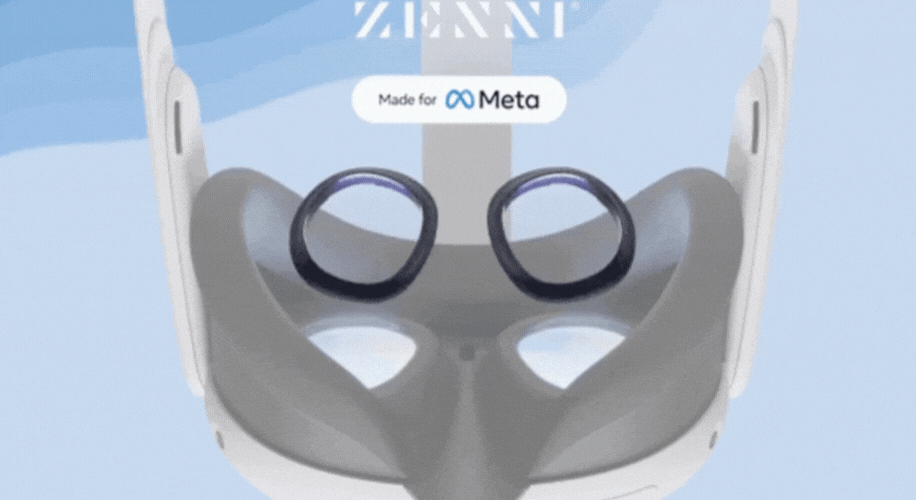 VR headset accessories with lenses installed, text &quot;ZENNI&quot; and &quot;Made for Meta&quot; on the top.