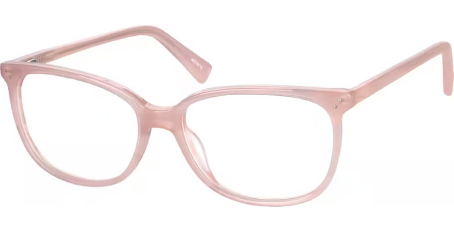 Pink translucent eyeglasses with a cat-eye shape and thin frames.