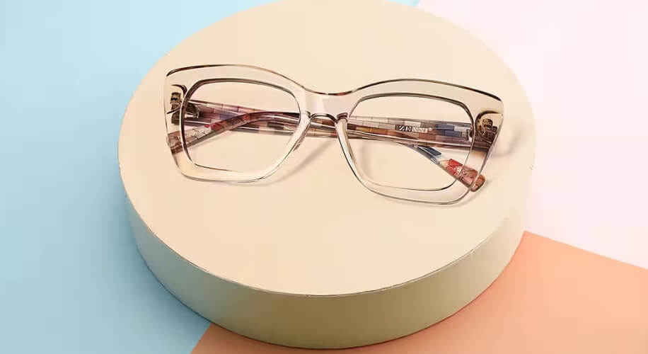 Clear plastic eyeglass frame with multicolored temples displaying the text &quot;ZPLANKNEY.&quot;