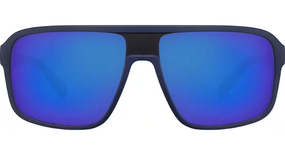 Blue aviator sunglasses with mirrored lenses and a black frame.