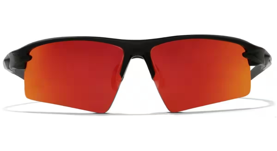 Black-framed sunglasses with red-orange mirrored lenses.