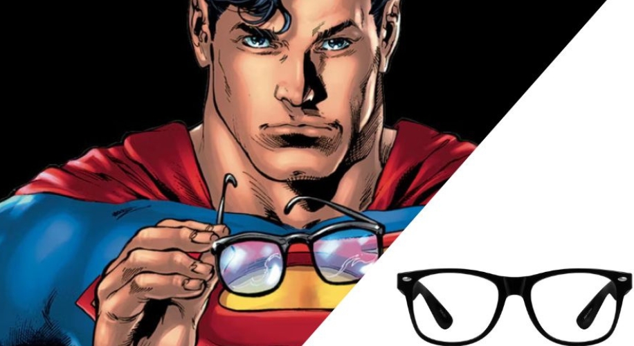 Superhero holding eyeglasses, another pair of black-rimmed eyeglasses shown separately on the right.