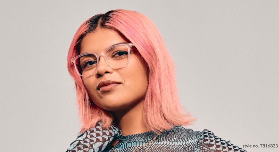 Person wearing clear frame eyeglasses, style no. 7816823.