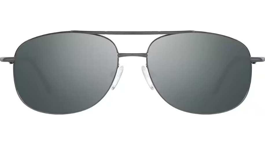 Black aviator sunglasses with dark gray lenses.