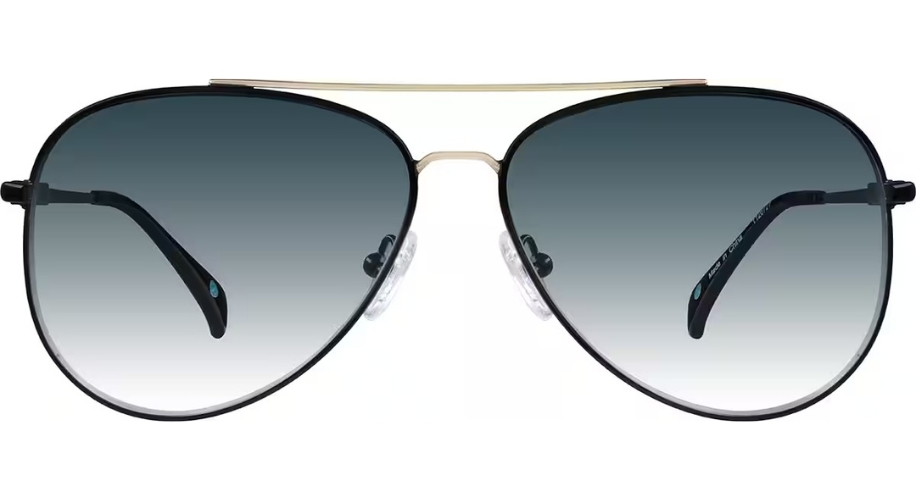 Aviator sunglasses with black gradient lenses, thin gold frame, and black temple tips.
