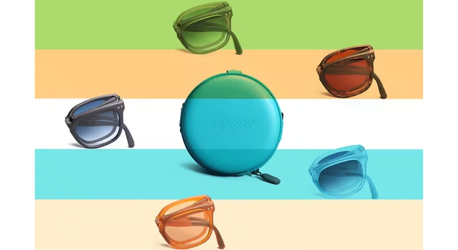 Round turquoise case with &quot;LNERNNP&quot; embossing, surrounded by sunglasses in green, red, blue, and orange.