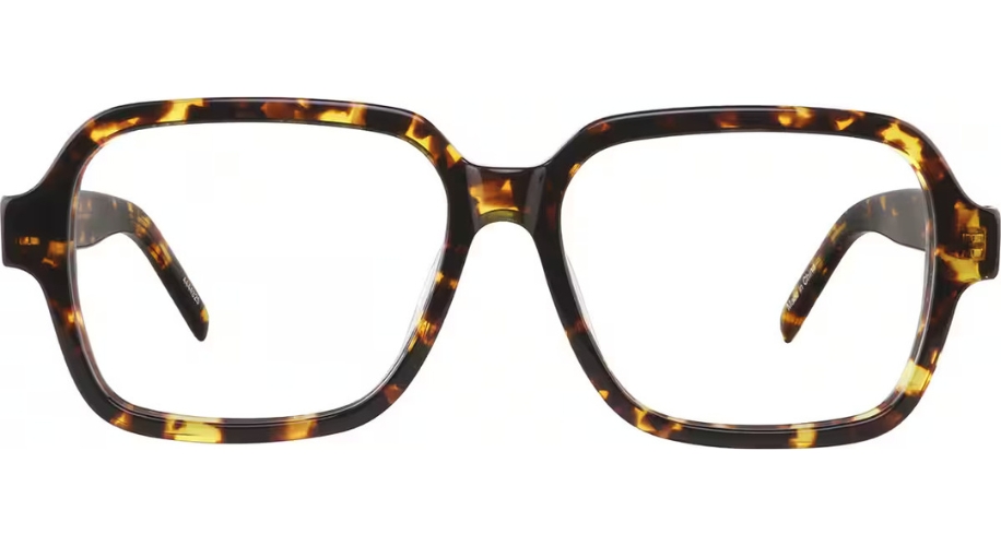 Tortoiseshell square eyeglass frames with thick rims and wide temples.