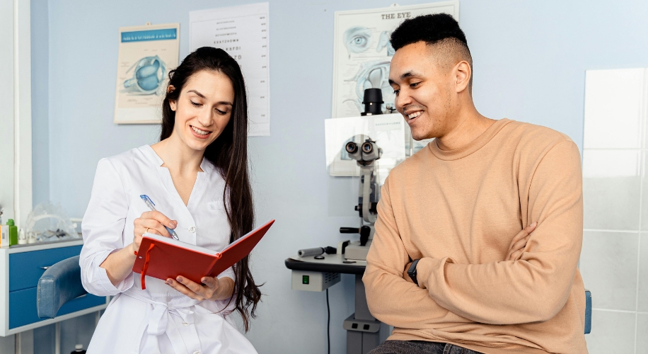 Optometrist in white coat writing in a red notebook while a man in a beige sweater smiles beside her.