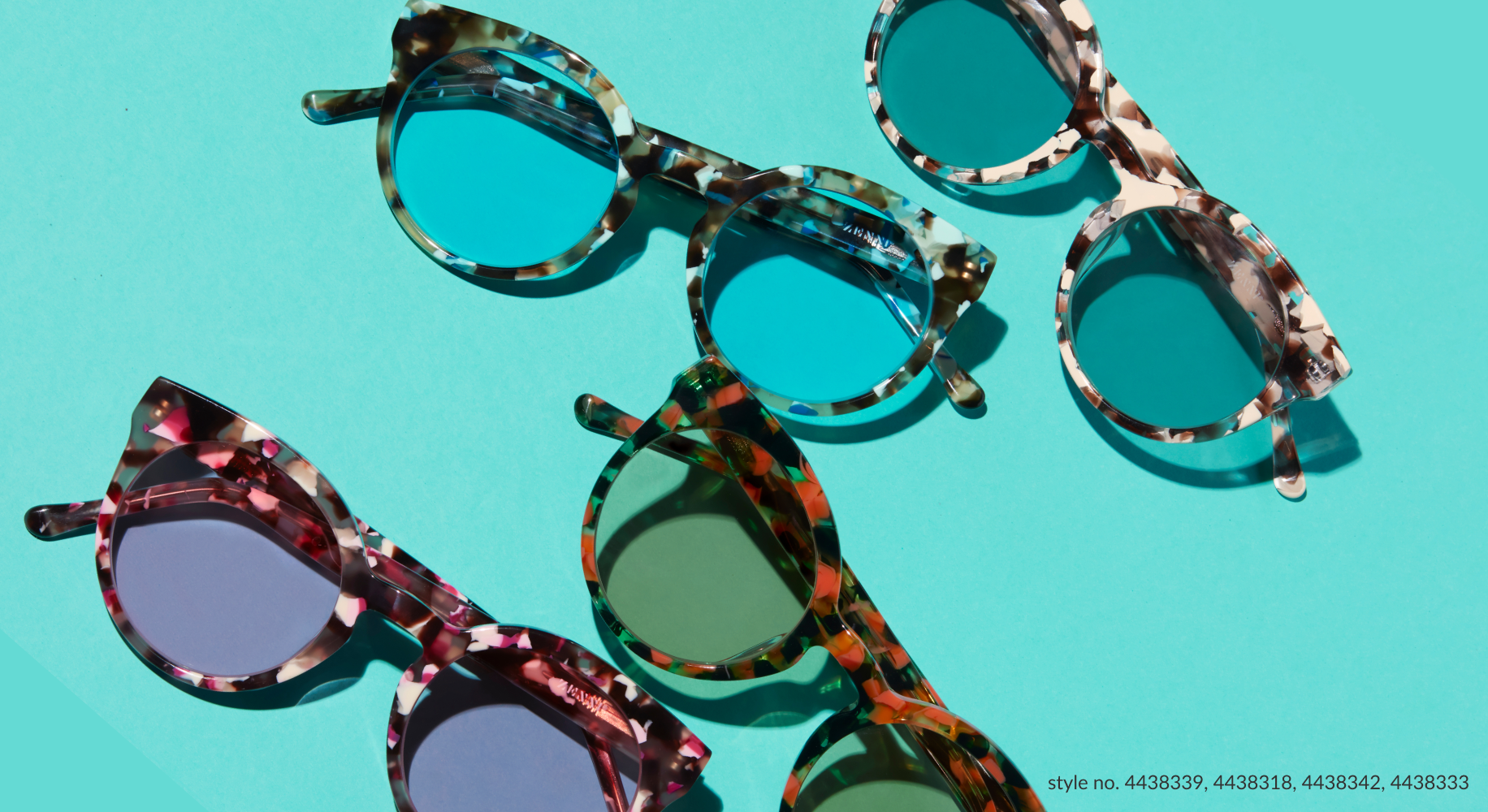 Various colorful tortoiseshell sunglasses with style numbers 4438339, 4438318, 4438342, 4438333.
