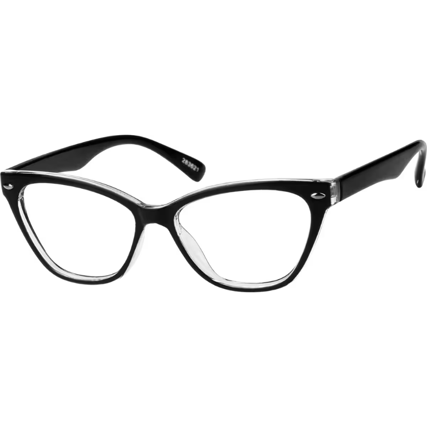 Black and clear cat-eye glasses with a glossy finish and the numbers 238821 on the inner left arm.