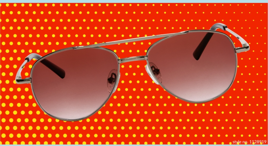 Aviator sunglasses with gradient brown lenses, thin metal frame, and black earpieces. Style no. 1128919.
