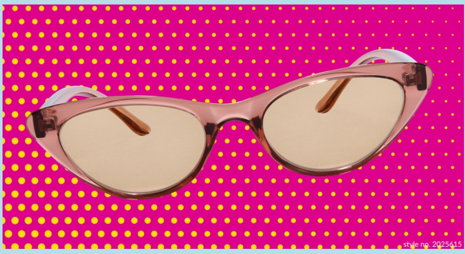 Pink cat-eye sunglasses with beige lenses. Text: &quot;style no. 2025415.&quot;