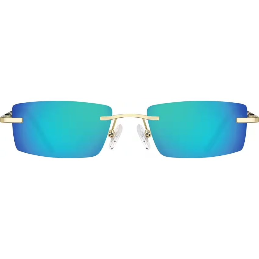 Rimless sunglasses with blue-green mirrored lenses and gold-tone bridge and temples.