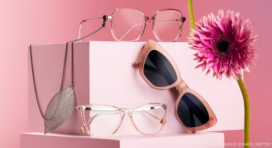 Three pairs of eyeglasses and a leaf-shaped pendant. Text: style no. 114519, 1914433, 7837719.