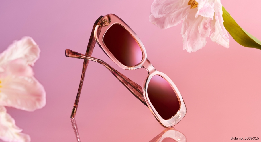 Pink sunglasses with semi-transparent frames and dark lenses, style no. 2036315.