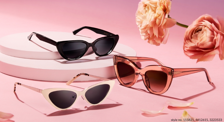 Three pairs of cat-eye sunglasses: black, rose gold, and ivory. Style no. 115821, 4412615, 3223533.