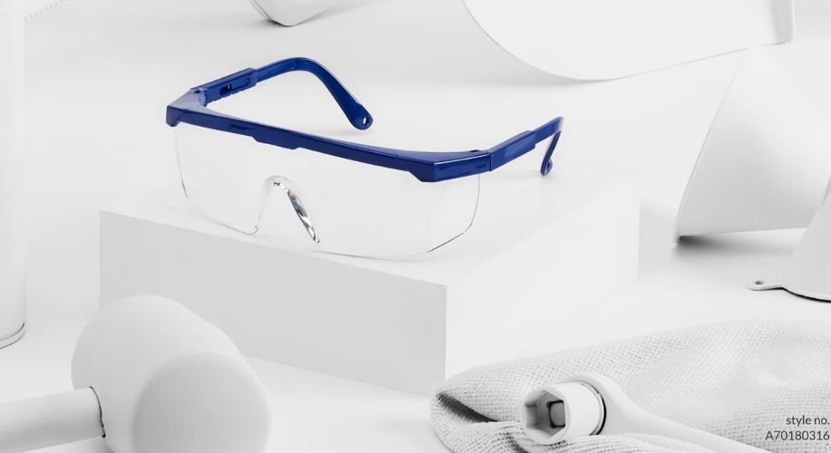 Safety glasses with blue frames, style no. A70180316.