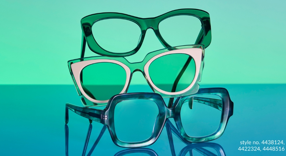 Three pairs of stylish eyeglasses; style no. 4438124, 4422324, 4448516.