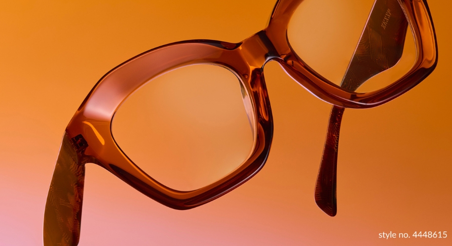 Amber rectangular eyeglass frames with intricate textured details. style no. 4448615
