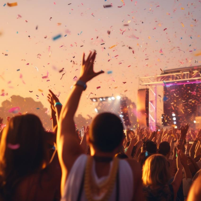 People raising hands and cheering at a concert with confetti falling during sunset.