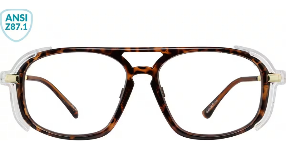 Tortoise-pattern safety glasses with clear side shields. ANSI Z87.1 certification badge on top left.