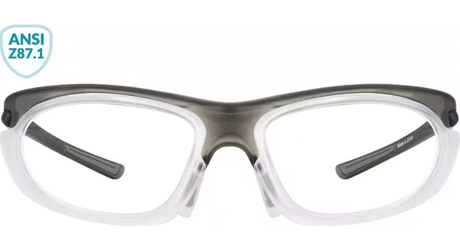 Grey and clear safety glasses with &quot;ANSI Z87.1&quot; icon on the top left corner and &quot;Made in China&quot; text on the arm.