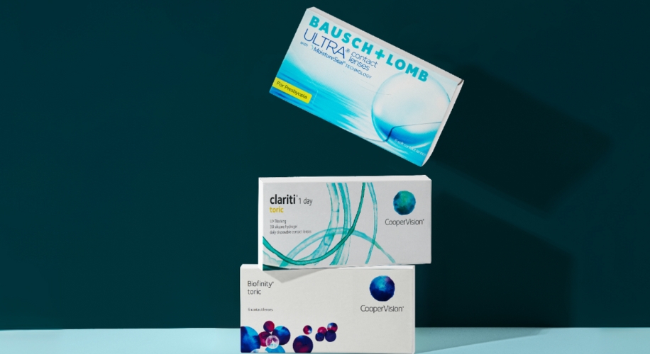 Bausch + Lomb ULTRA contact lenses, Clariti 1 day toric lenses, and Biofinity toric lenses by CooperVision.
