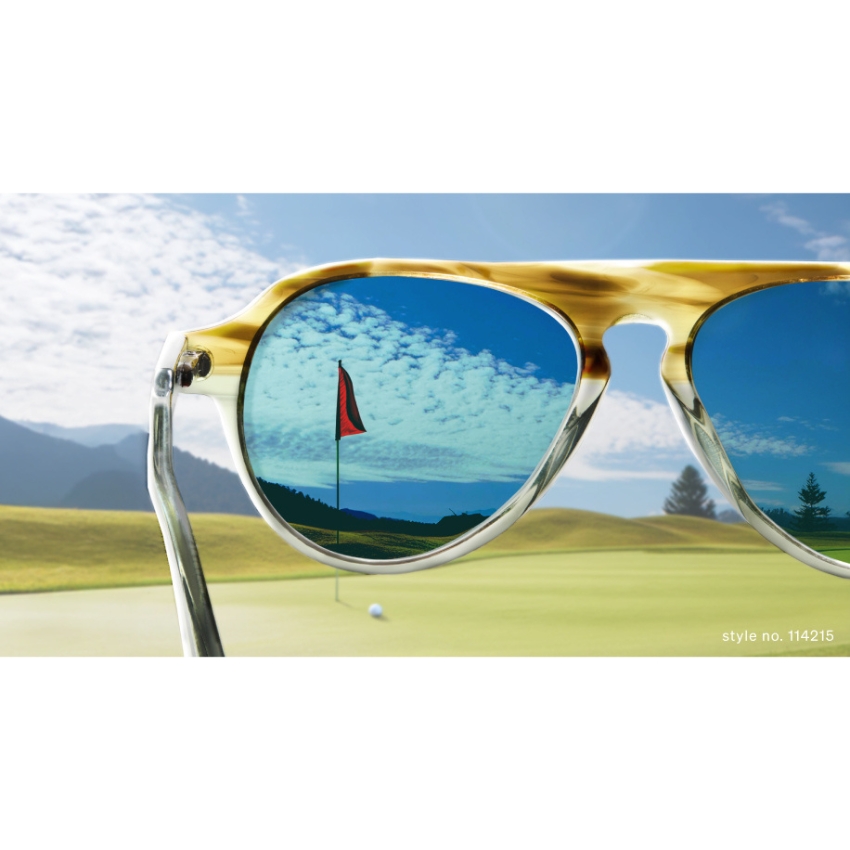 Sunglasses reflect a golf course with a red flag on the green. Text: style no. 114215.