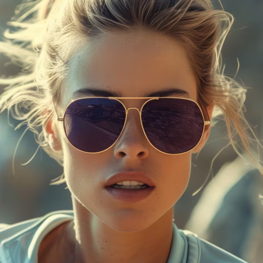Person wearing gold-framed aviator sunglasses with dark lenses.