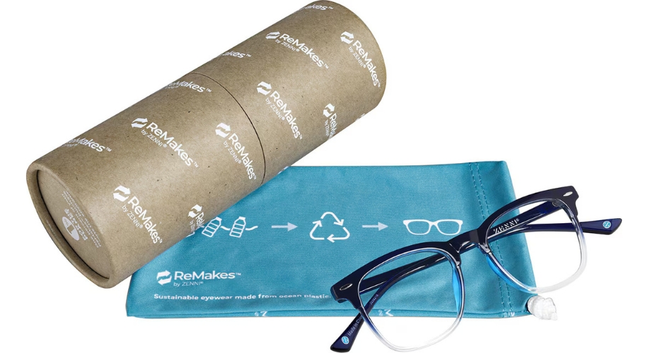 ReMakes by Zenni eyeglasses, blue cleaning cloth, cardboard case. &quot;Sustainable eyewear made from ocean plastics.&quot;