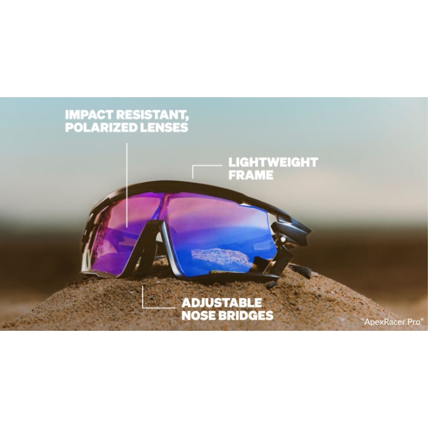Impact resistant, polarized lenses sunglasses with lightweight frame and adjustable nose bridges. "ApexRacer Pro"
