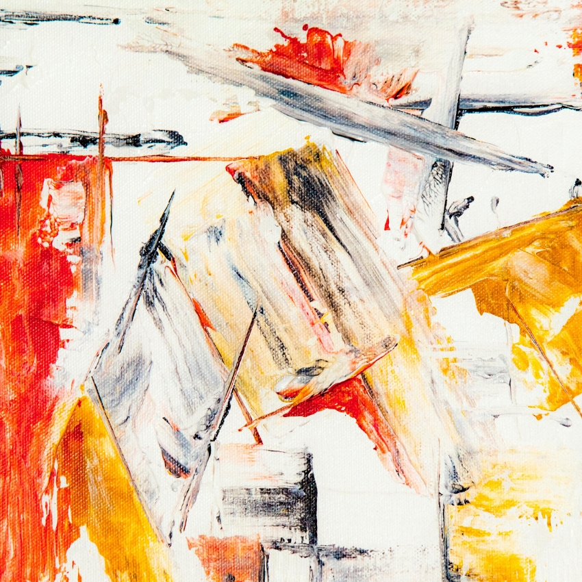 Abstract painting with vibrant splashes of red, yellow, and white colors with bold, textured brushstrokes.