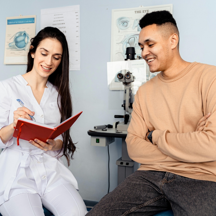 Optician consulting a client, holding a red notebook and pen, with an eye examination chart in the background.