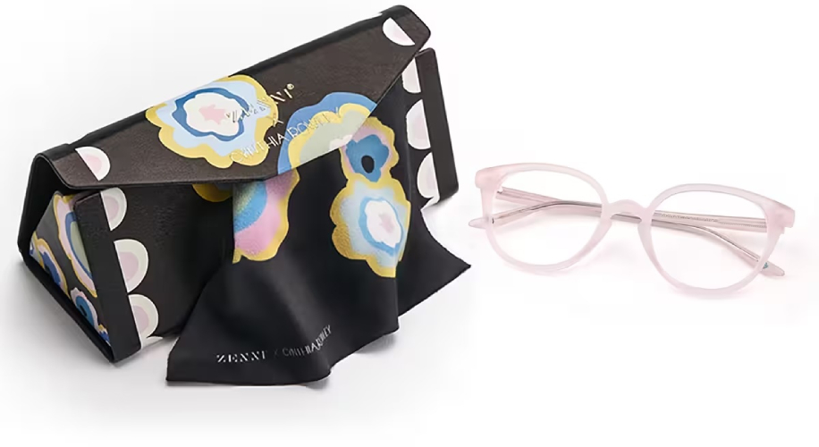 Zenni x Cynthia Rowley glasses with pink frames, floral-patterned case, and matching cleaning cloth.