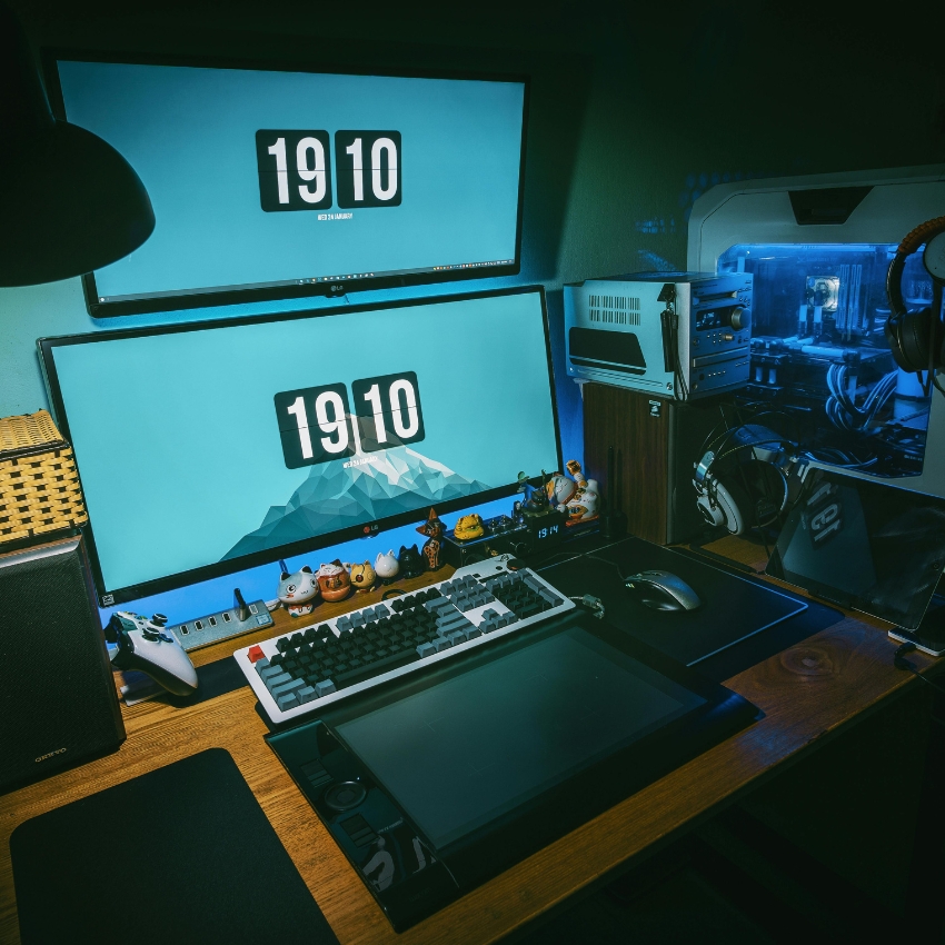 Dual monitor setup with a keyboard, mouse, and tablet. Both screens display the time 19:10 on a blue background.