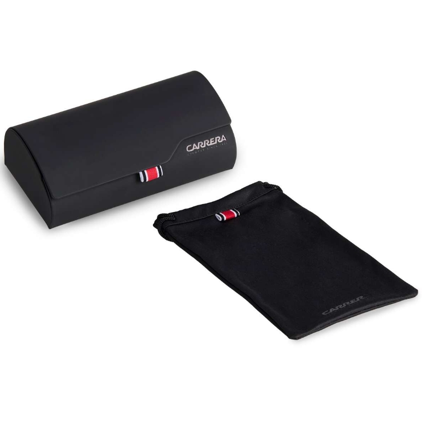 Black Carrera eyeglasses case and matching black pouch with Carrera logos and red, white, and black tags.