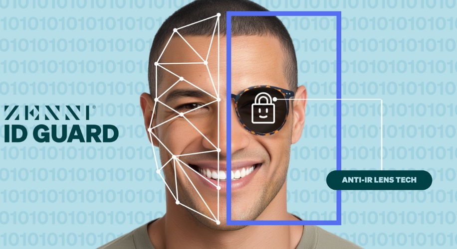 ZENNI ID Guard, Anti-IR Lens Tech. Face with digital pattern overlay and lock symbol on sunglasses.