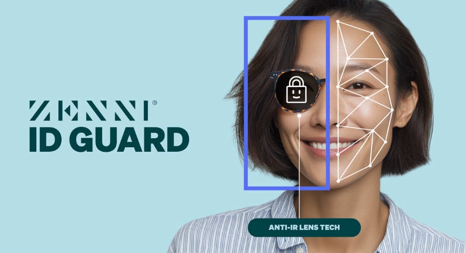 ZENNI ID Guard, Anti-IR Lens Tech. Face with digital pattern overlay and lock symbol on sunglasses.