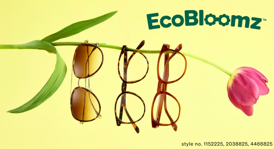 EcoBloomz sunglasses and eyeglasses on a tulip stem. Style no. 1152225, 2038825, 4466825.