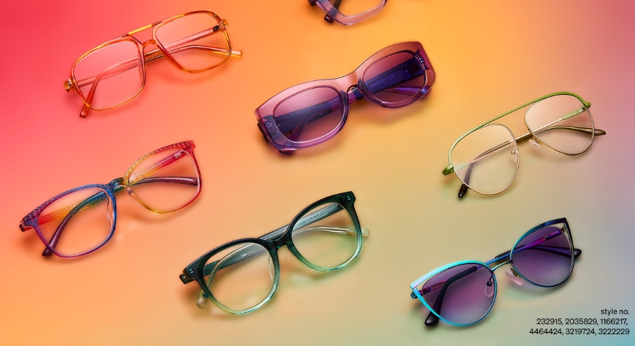 Colorful eyeglasses and sunglasses on a gradient background. Style no. 232915, 2035829, 1166217, 4464424, 3219724, 3222229.