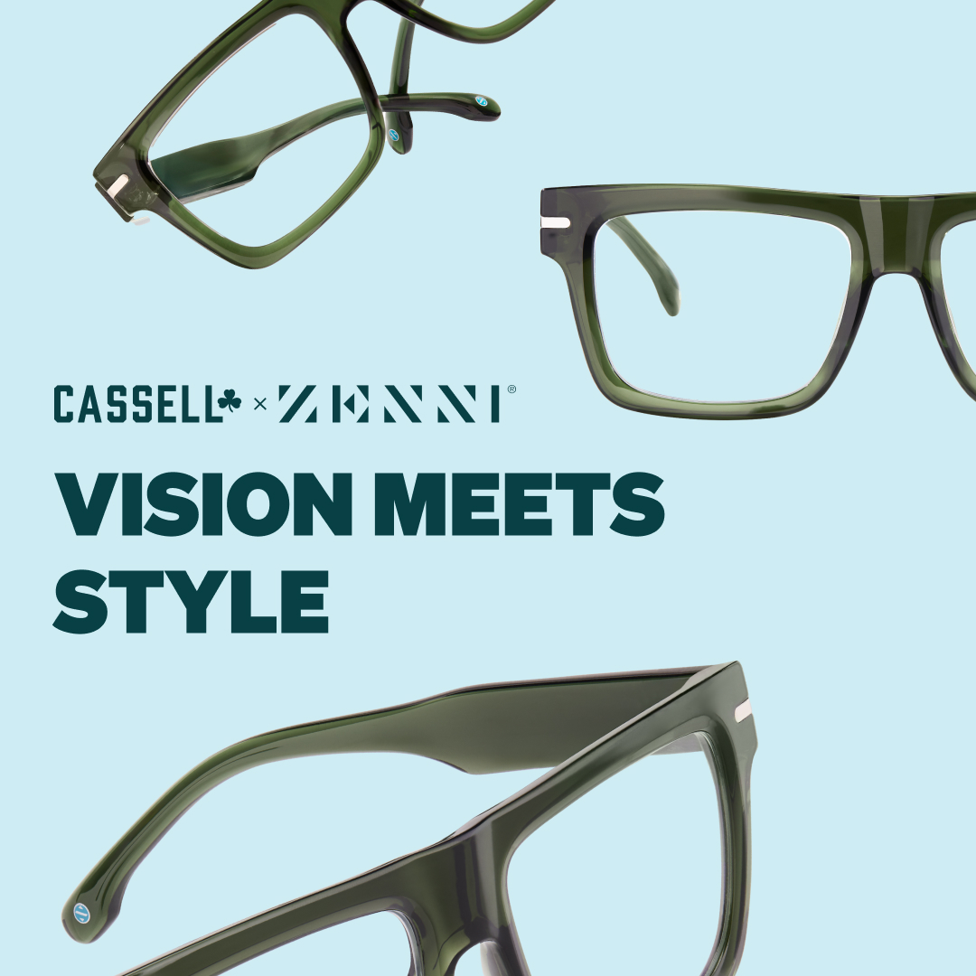 Three pairs of glasses are shown against a light teal background
